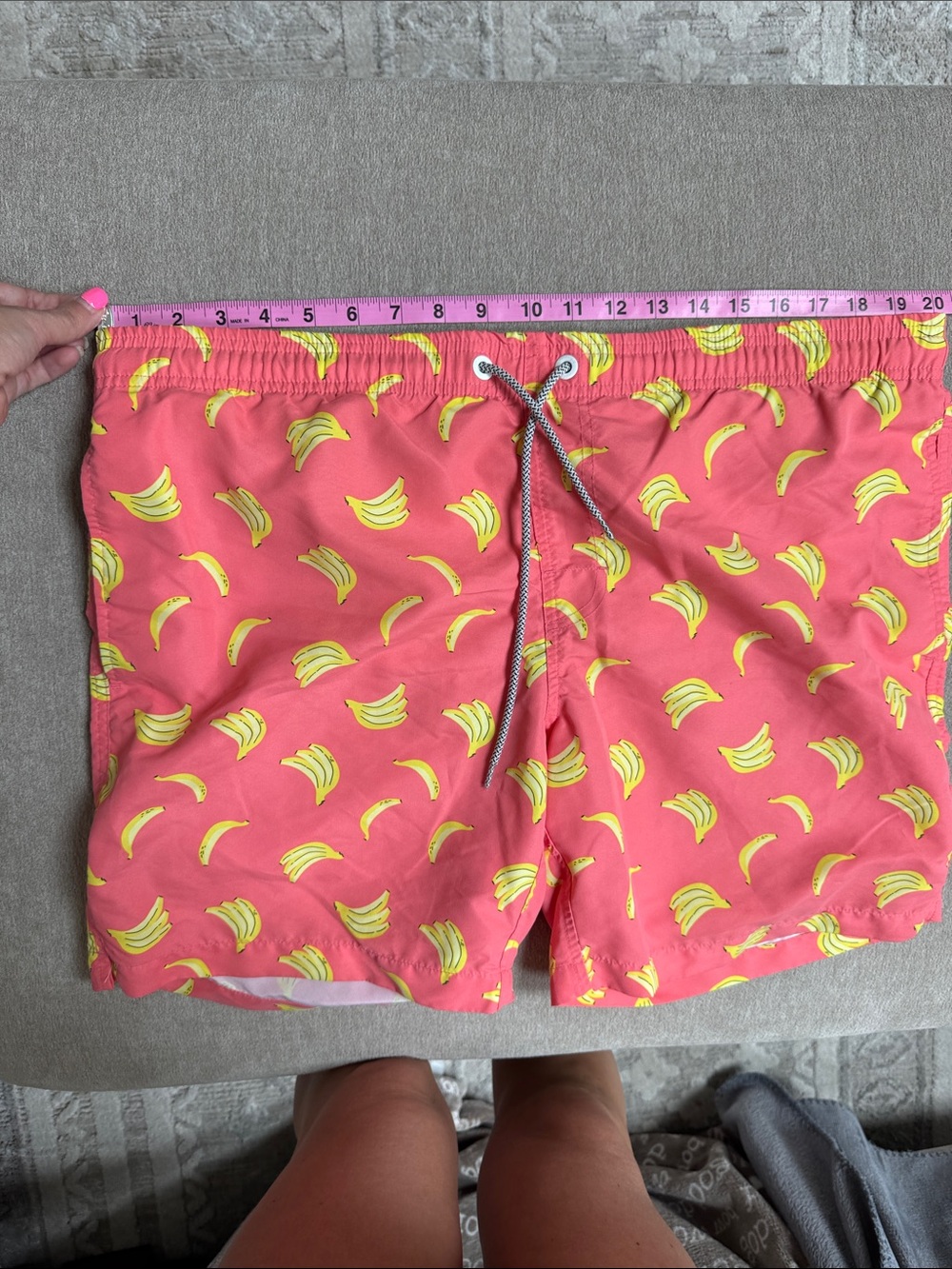 Coral Men's Swim Trunks with Yellow Banana Print - Picture 7 of 9